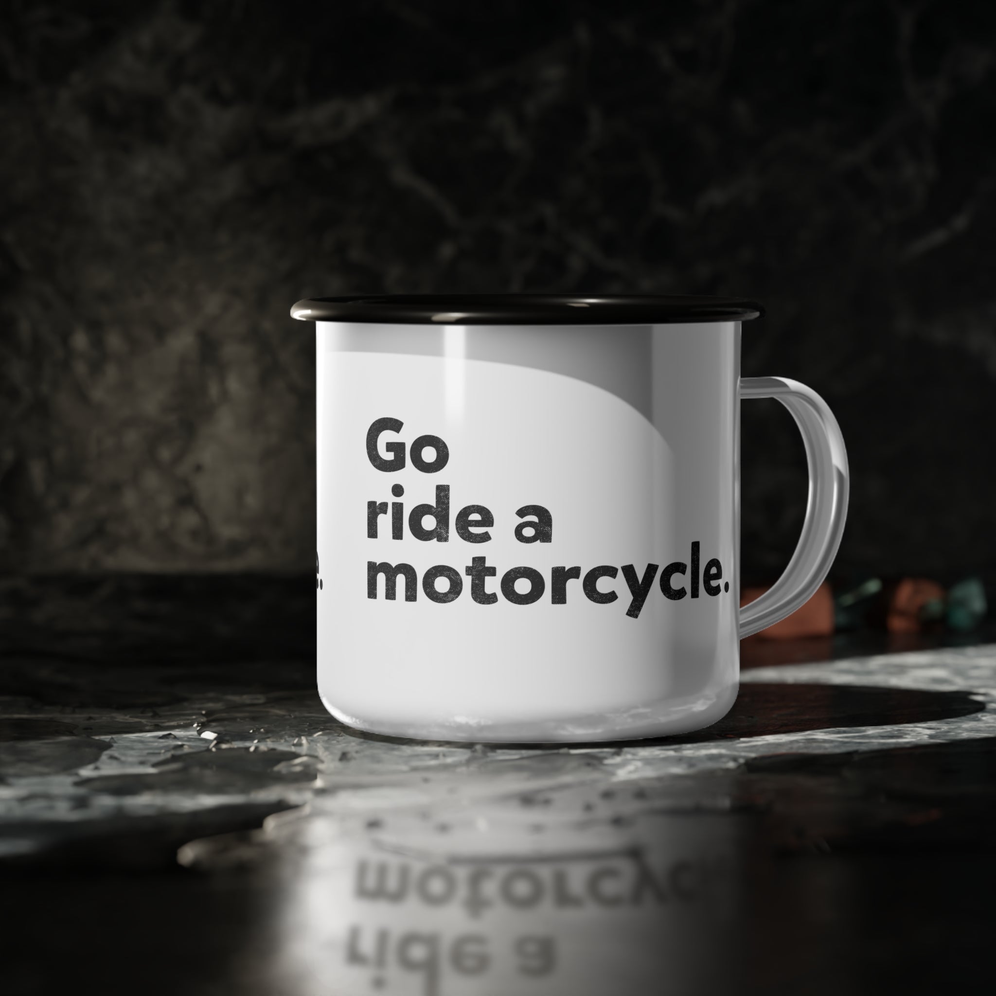 go ride a motorcycle steel enamel mug, motorcycle camping mug, metal cup, motorcycles, motorbikes, moto camping, durable, drinkware