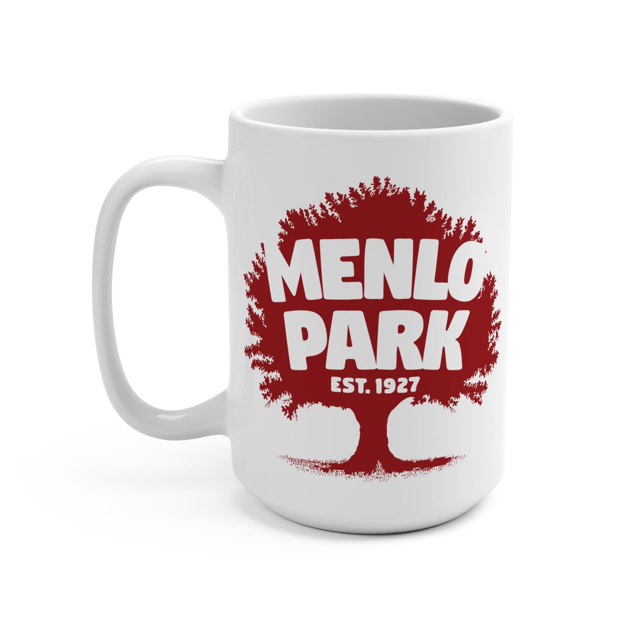 White mug with red and white 'Menlo Park Est. 1927' design on a white background