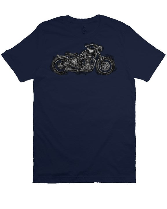 Wobbly Bobber motorcycle design by Henri printed on chest of premium unisex short sleeve shirt
