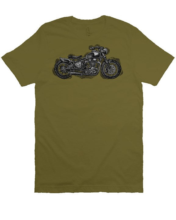 Wobbly Bobber motorcycle design by Henri printed on chest of premium unisex short sleeve shirt