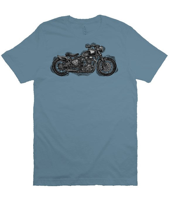 Wobbly Bobber motorcycle design by Henri printed on chest of premium unisex short sleeve shirt