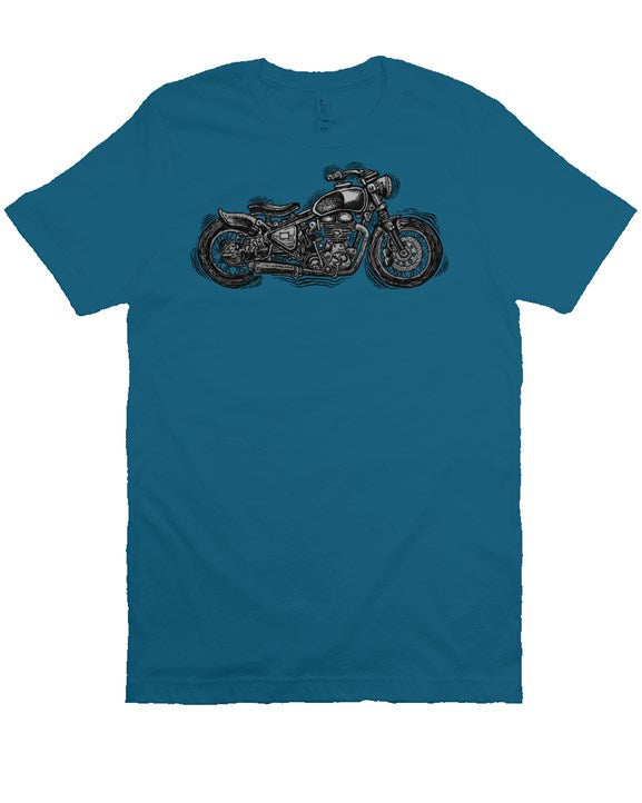 Wobbly Bobber motorcycle design by Henri printed on chest of premium unisex short sleeve shirt
