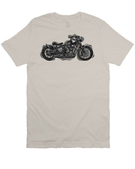 Wobbly Bobber motorcycle design by Henri printed on chest of premium unisex short sleeve shirt
