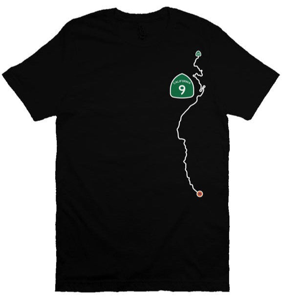 CA Highway 9 Locals design on left side of unisex short sleeve t-shirt