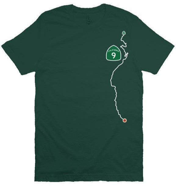 CA Highway 9 Locals design on left side of unisex short sleeve t-shirt