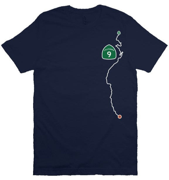CA Highway 9 Locals design on left side of unisex short sleeve t-shirt