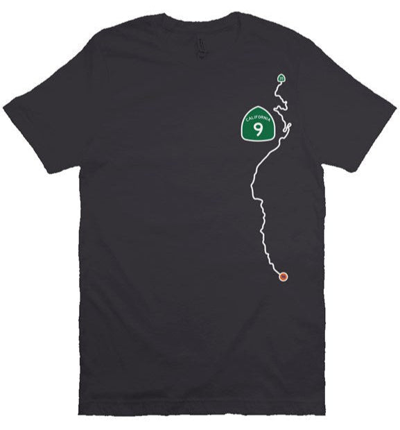 CA Highway 9 Locals design on left side of unisex short sleeve t-shirt