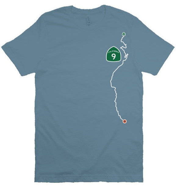 CA Highway 9 Locals design on left side of unisex short sleeve t-shirt