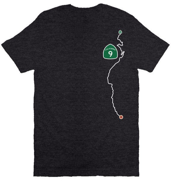 CA Highway 9 Locals design on left side of unisex short sleeve t-shirt