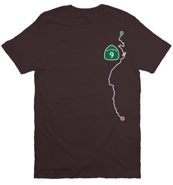CA Highway 9 Locals design on left side of unisex short sleeve t-shirt