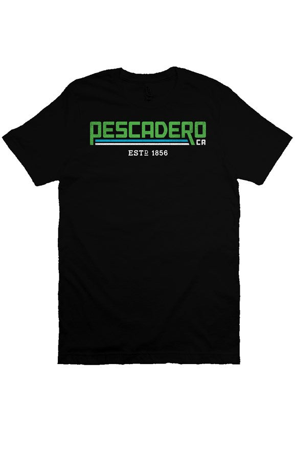 Original Pescadero CA design printed across chest of black unisex short sleeve t-shirt