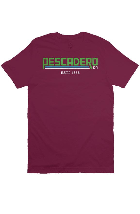 Original Pescadero CA design printed across chest of maroon unisex short sleeve t-shirt