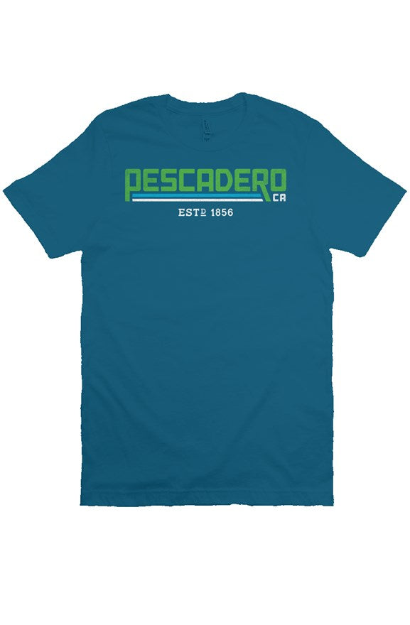 Original Pescadero CA design printed across chest of unisex short sleeve t-shirt