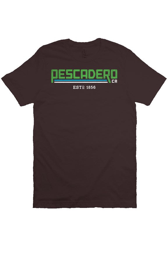 Original Pescadero CA design printed across chest of unisex short sleeve t-shirt