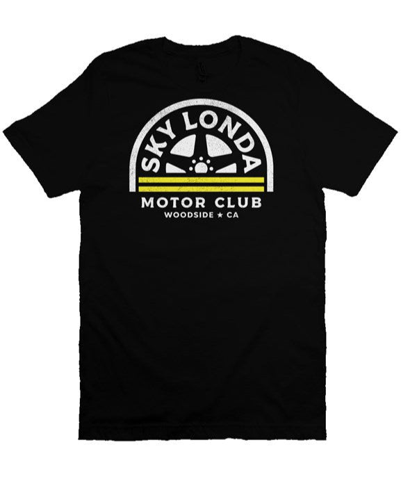 "Sky Londa Motor Club" woodside roller logo printed on chest of heather short sleeve t-shirt