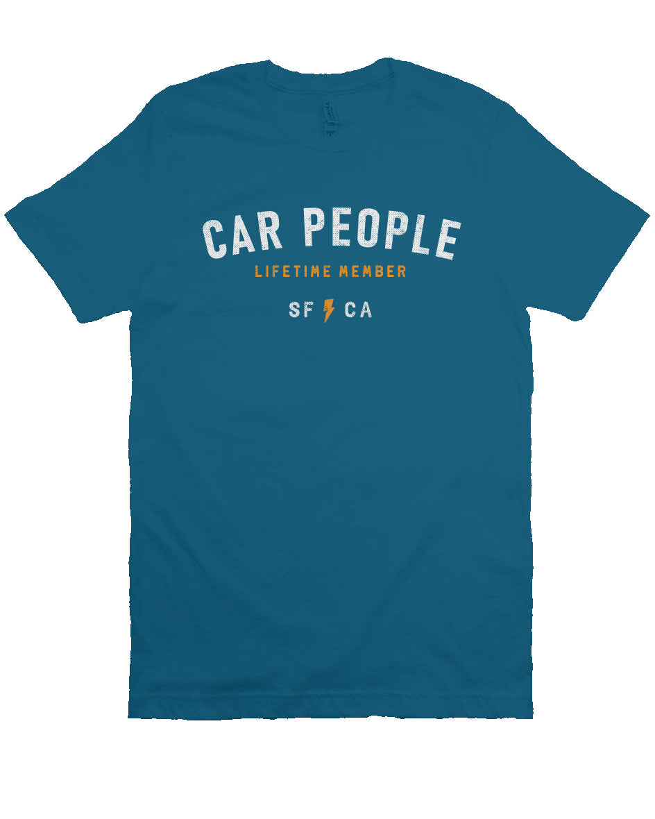 original "CAR PEOPLE" SF design printed across chest of unisex short sleeve t-shirt