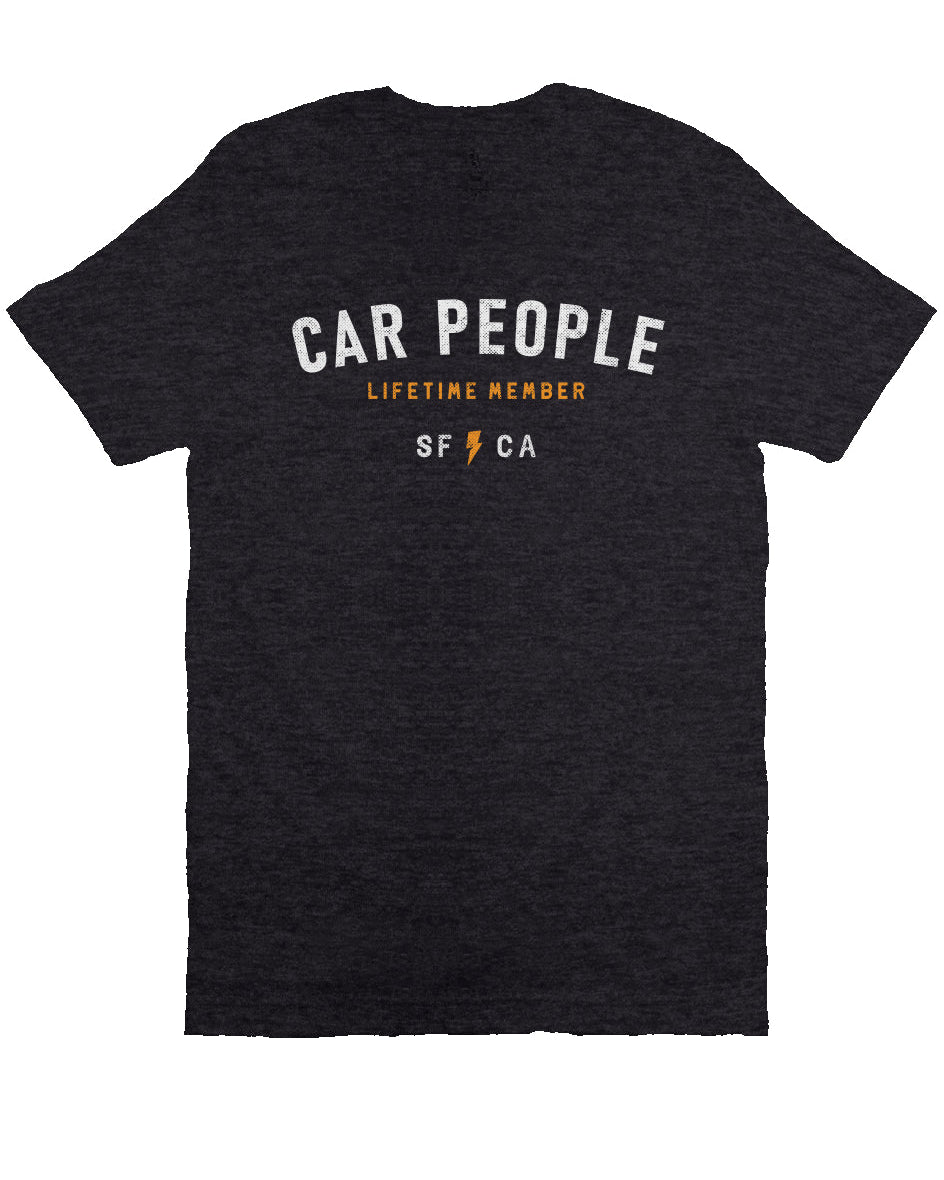original "CAR PEOPLE" SF design printed across chest of unisex short sleeve t-shirt