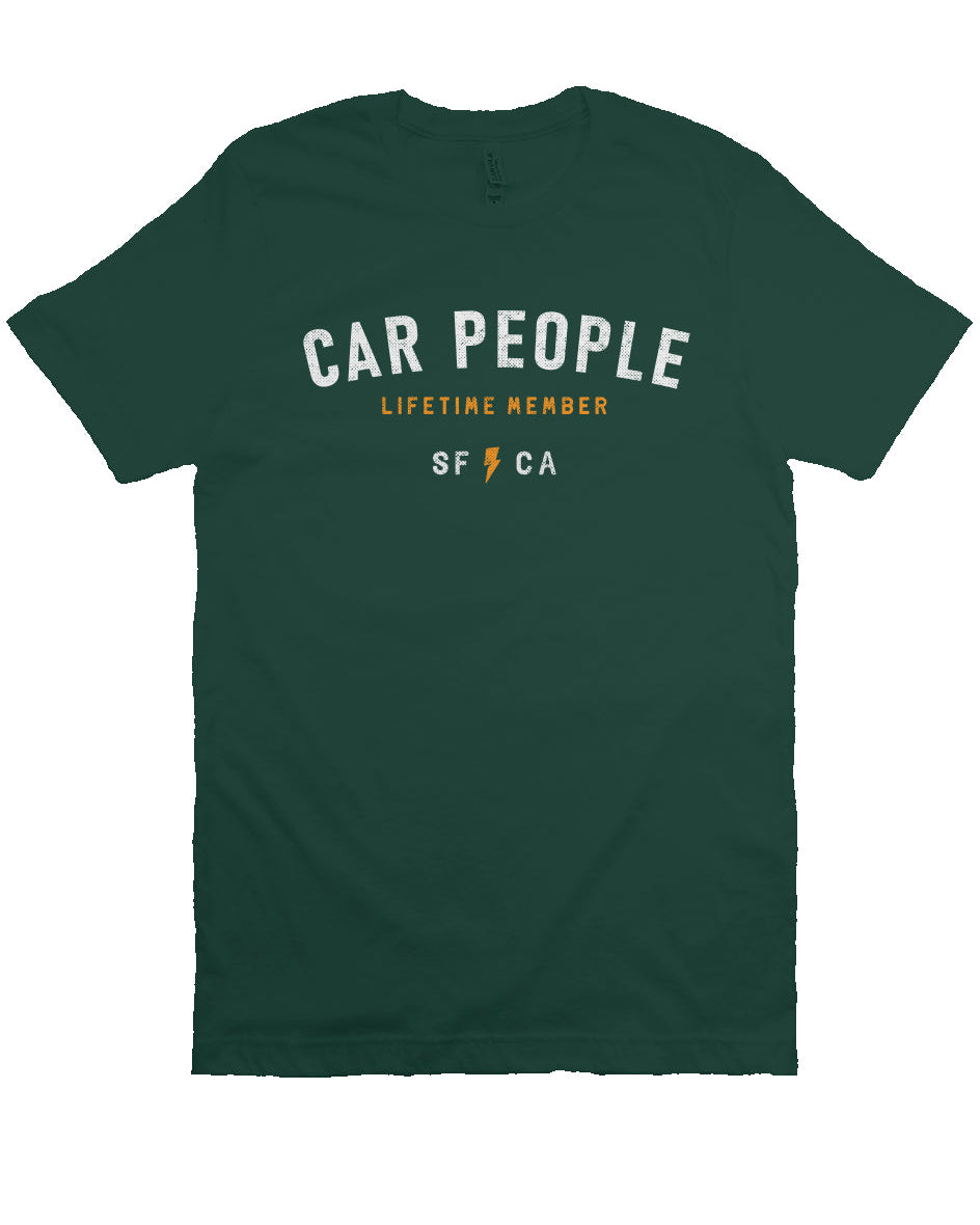 original "CAR PEOPLE" SF design printed across chest of unisex short sleeve t-shirt