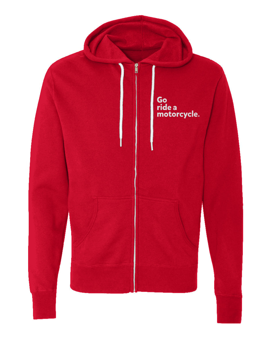 "Go ride a motorcycle" embroidered on left chest of Unisex Lightweight Full-Zip Hoodie