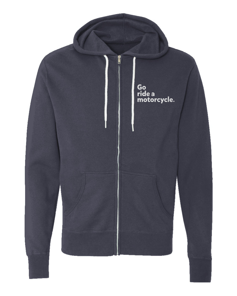 "Go ride a motorcycle" embroidered on left chest of Unisex Lightweight Full-Zip Hoodie