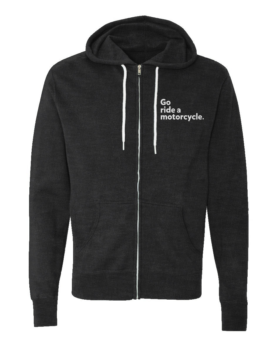 "Go ride a motorcycle" embroidered on left chest of Unisex Lightweight Full-Zip Hoodie