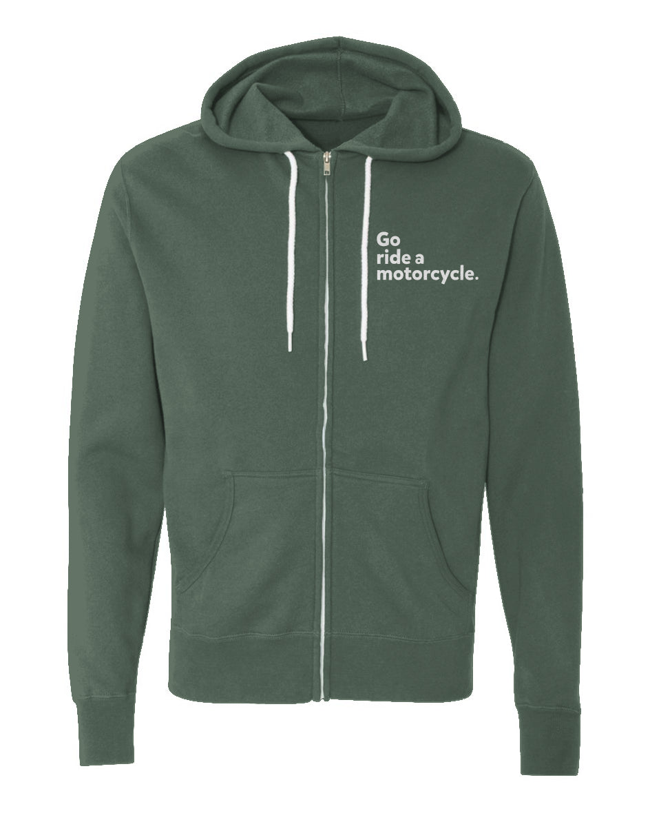 "Go ride a motorcycle" embroidered on left chest of Unisex Lightweight Full-Zip Hoodie