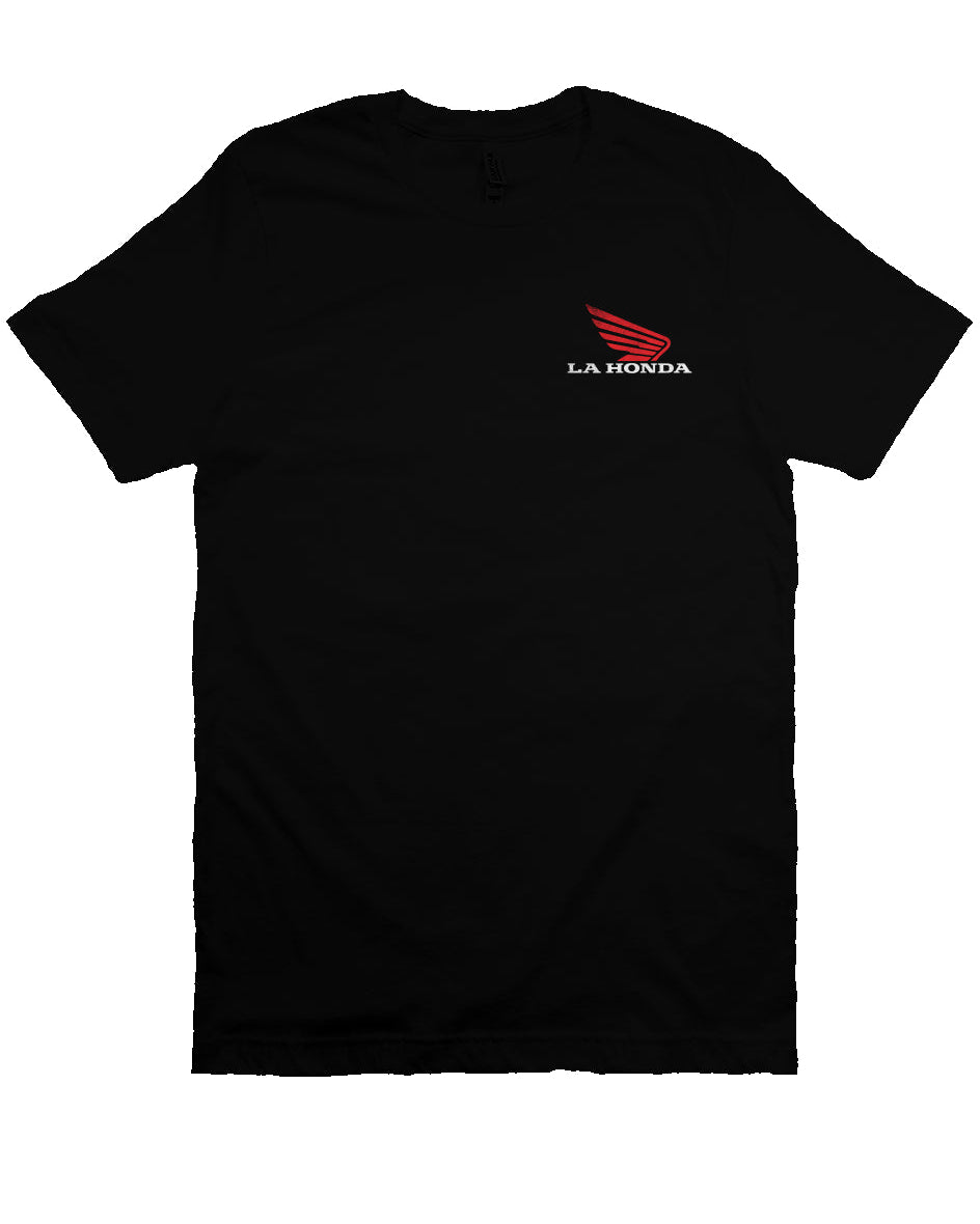 La Honda logo parody Honda Motorcycles design on chest of short sleeve t-shirt