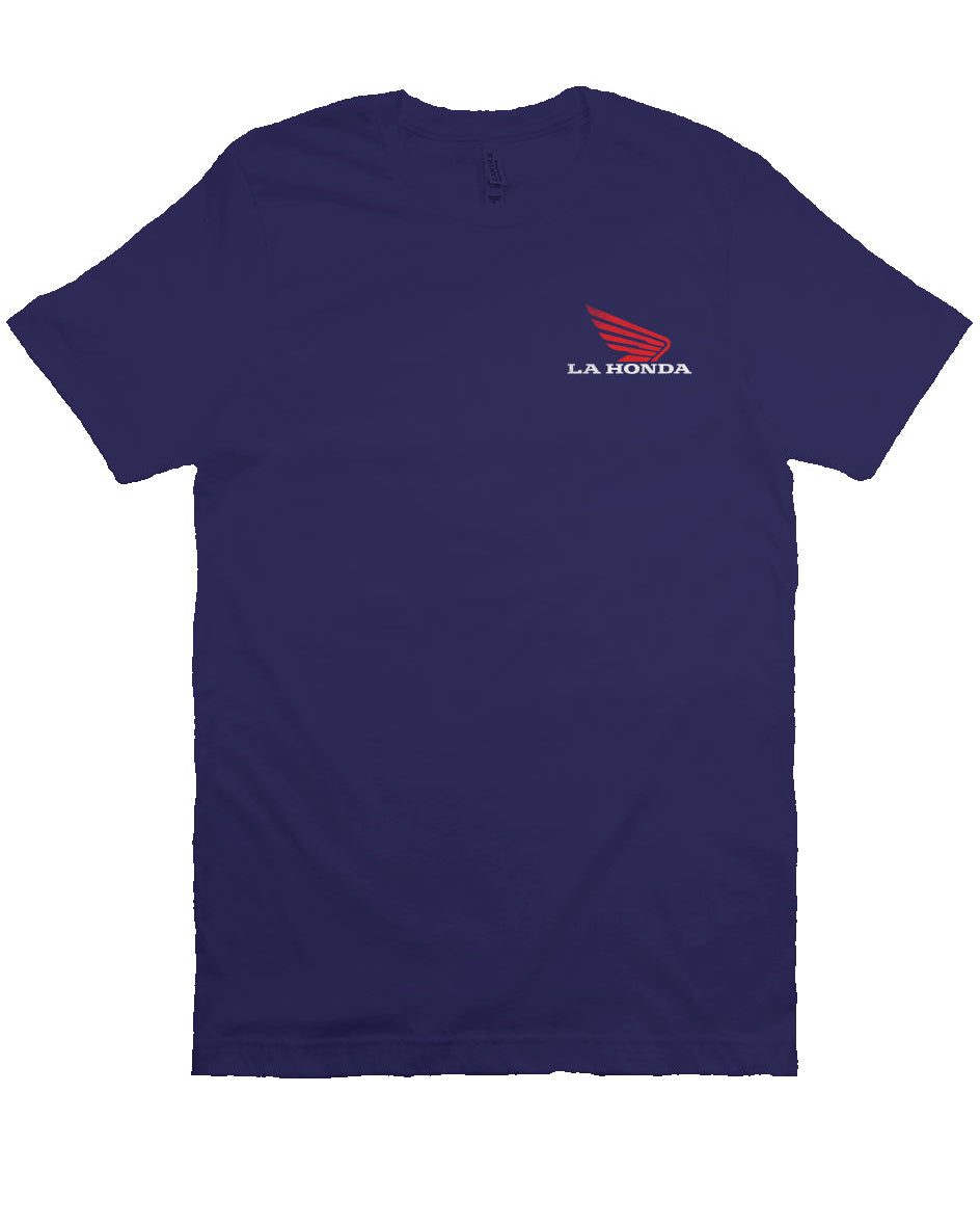 La Honda logo parody Honda Motorcycles design on back of short sleeve t-shirt, honda motorcycles, parody, california, redwoods, highway 84, coastal towns