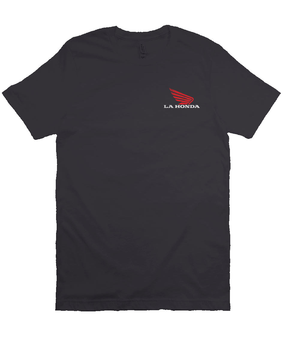 La Honda logo parody Honda Motorcycles design on back of short sleeve t-shirt, honda motorcycles, parody, california, redwoods, highway 84, coastal towns