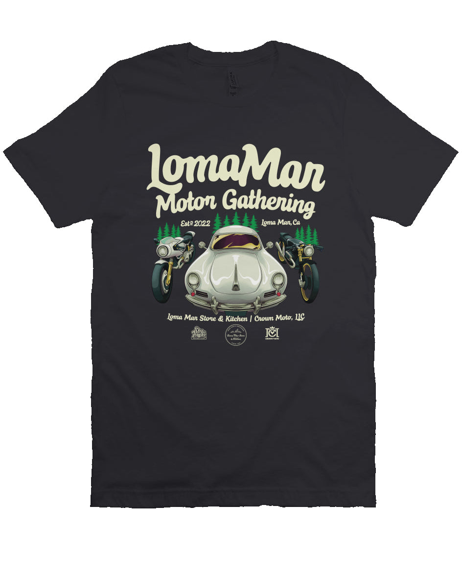 Short sleeve t-shirt with "Loma Mar Motor Gathering" poster art on chest