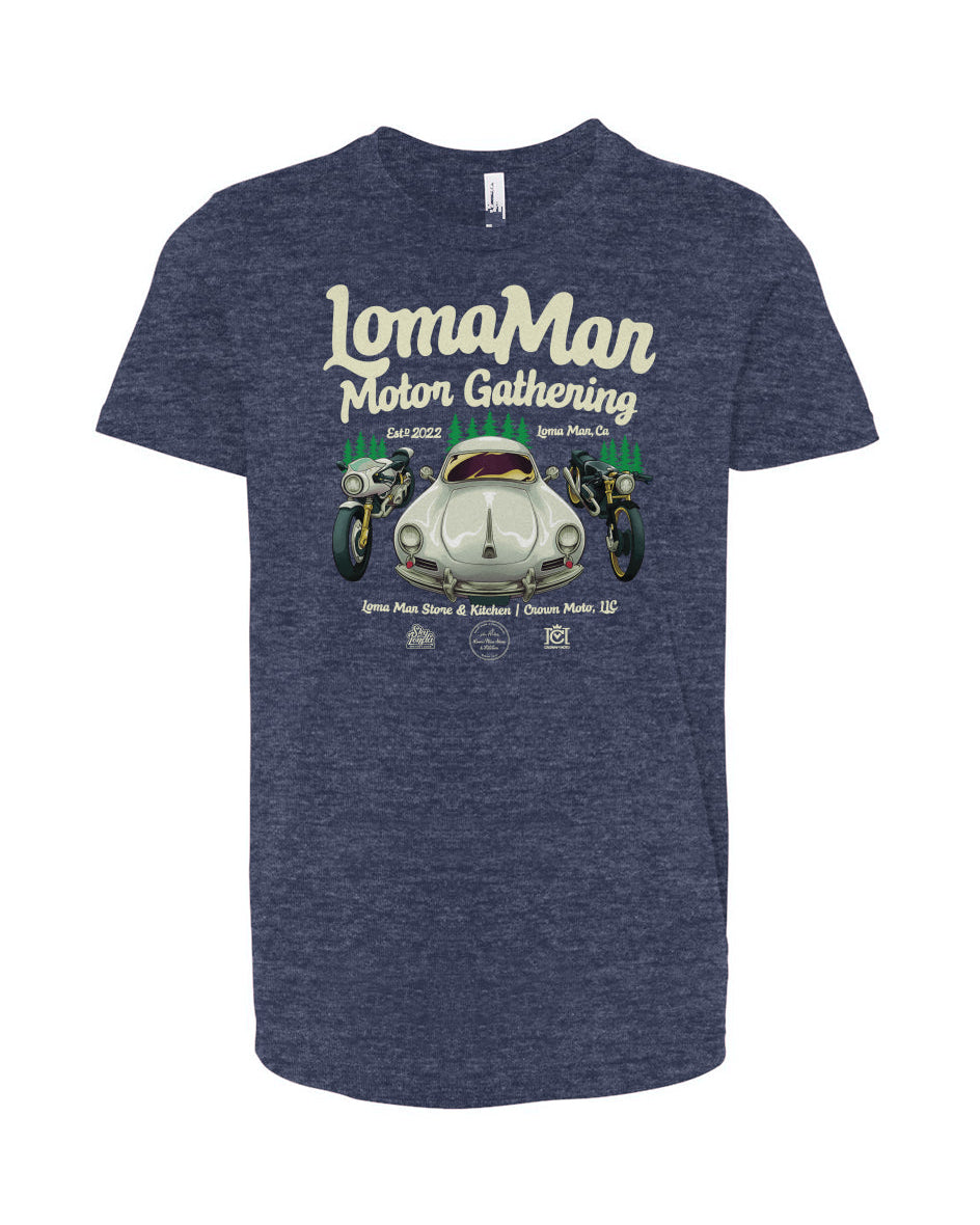 Original poster "Loma Mar Motor Gathering" art on chest of short sleeve Youth Jersey T-shirt