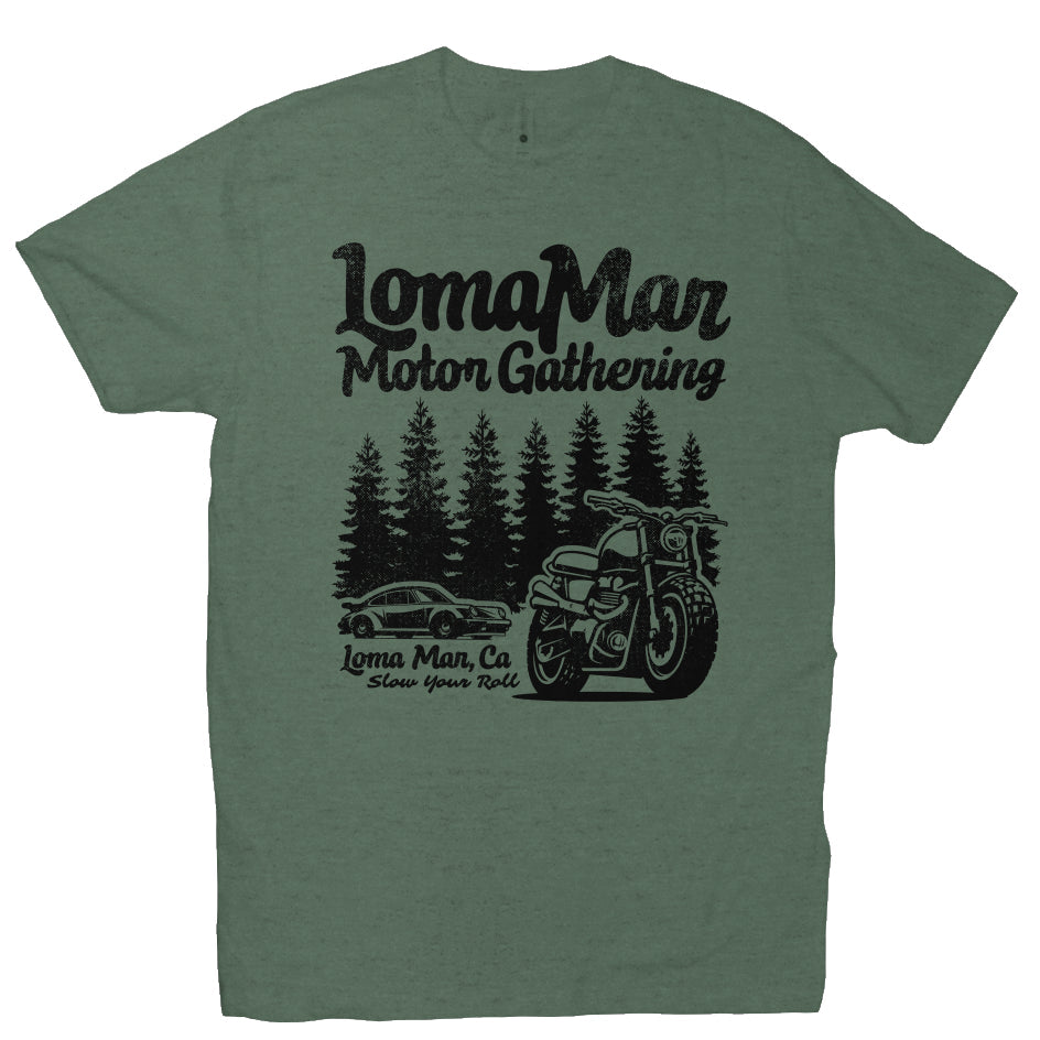 Premium short sleeve T-shirt with "Loma Mar Motor Gathering" porsche 911 and motorcycle design on chest