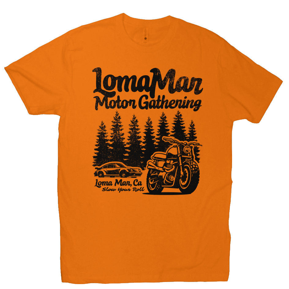 Premium short sleeve T-shirt with "Loma Mar Motor Gathering" porsche 911 and motorcycle design on chest