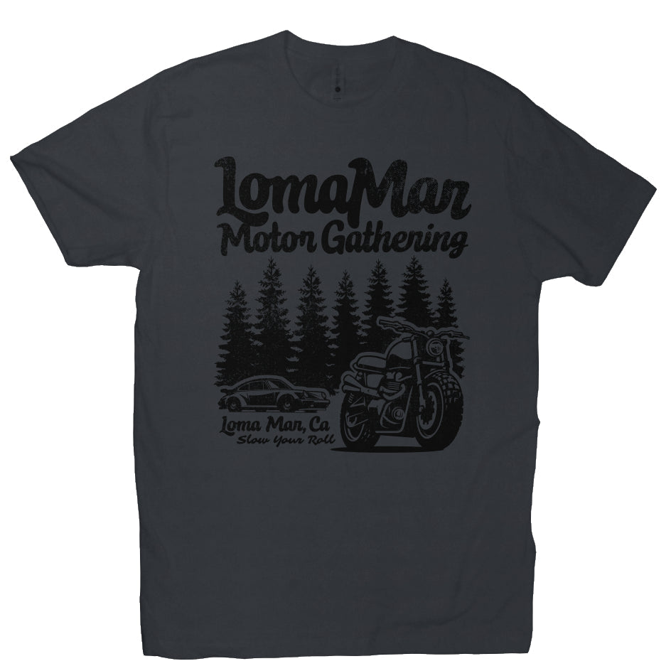 Premium short sleeve T-shirt with "Loma Mar Motor Gathering" porsche 911 and motorcycle design on chest