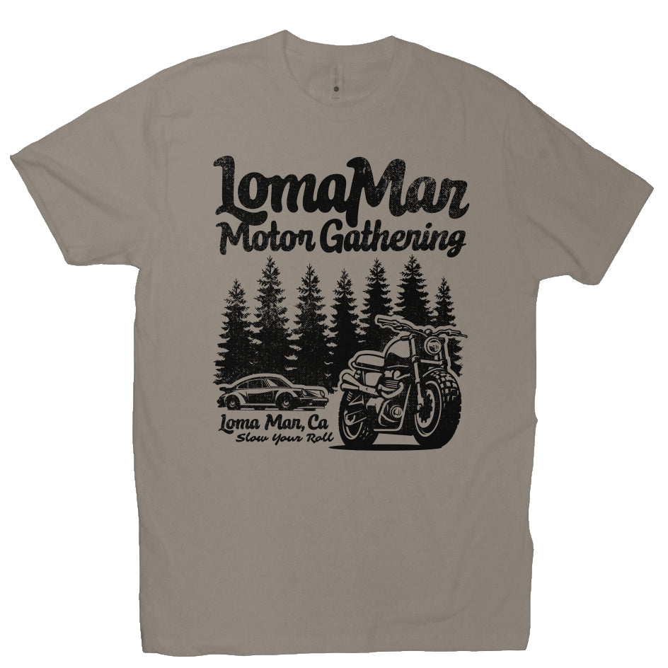 Premium short sleeve T-shirt with "Loma Mar Motor Gathering" porsche 911 and motorcycle design on chest