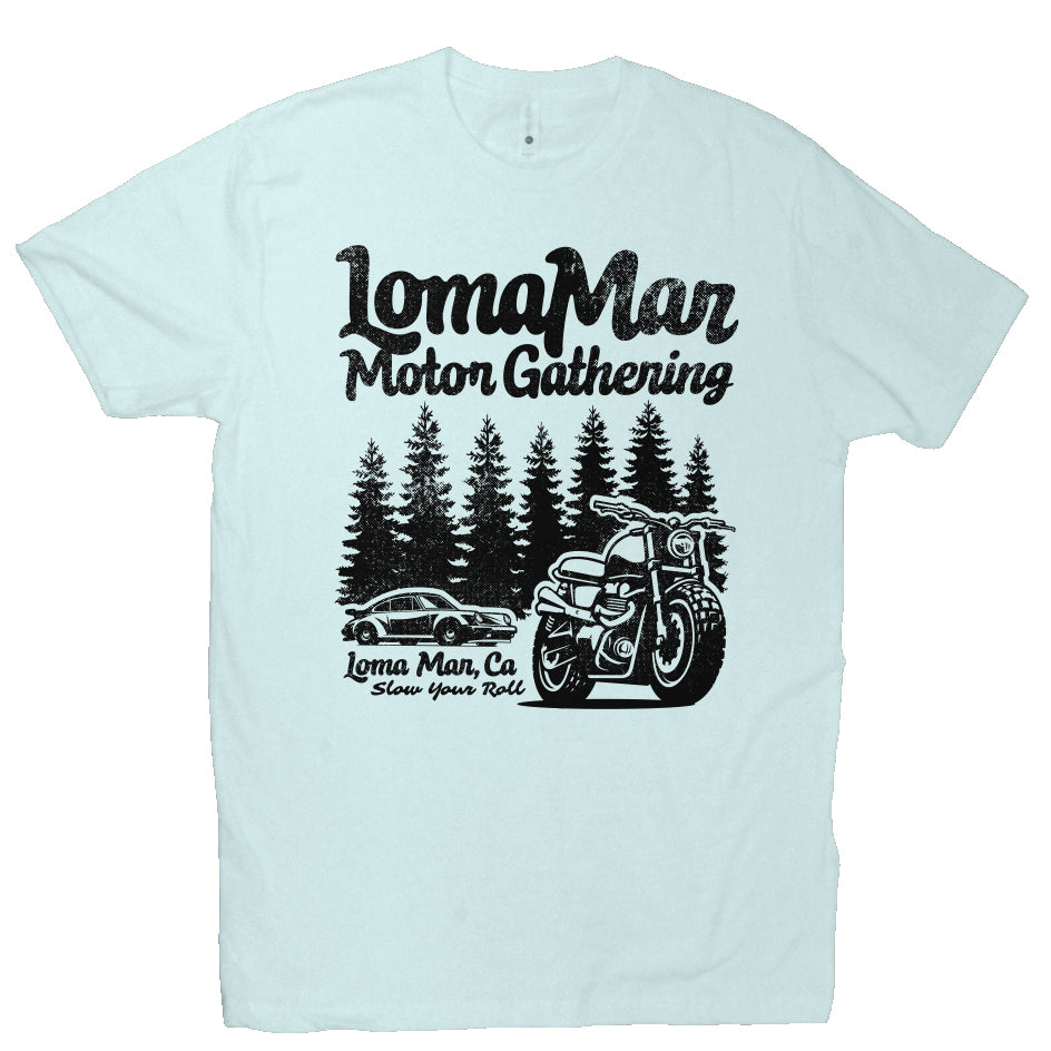 Premium short sleeve T-shirt with "Loma Mar Motor Gathering" porsche 911 and motorcycle design on chest