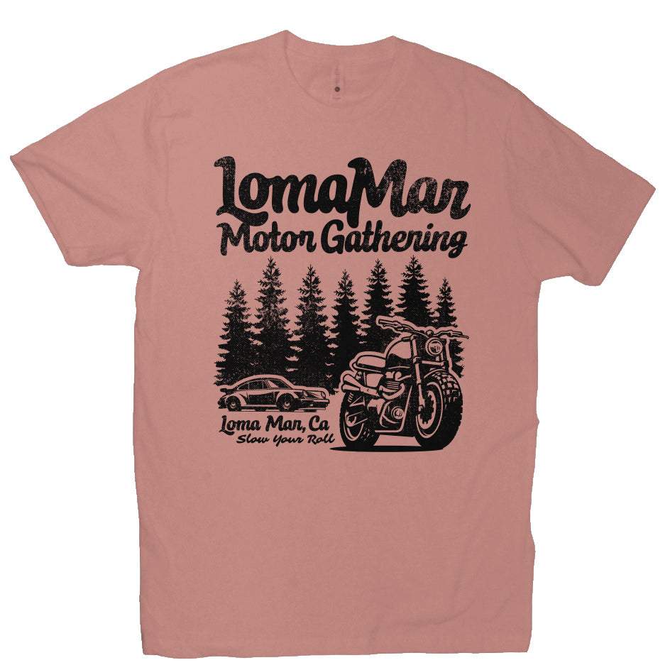Premium short sleeve T-shirt with "Loma Mar Motor Gathering" porsche 911 and motorcycle design on chest