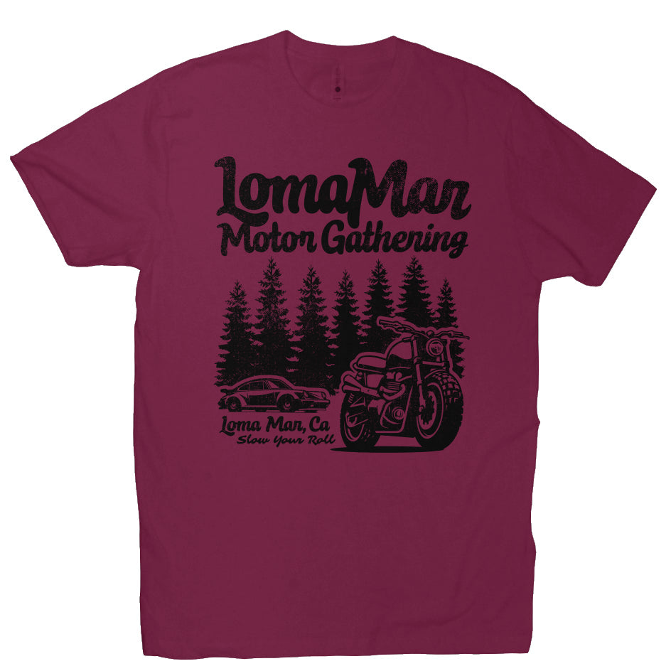 Premium short sleeve T-shirt with "Loma Mar Motor Gathering" design on chest