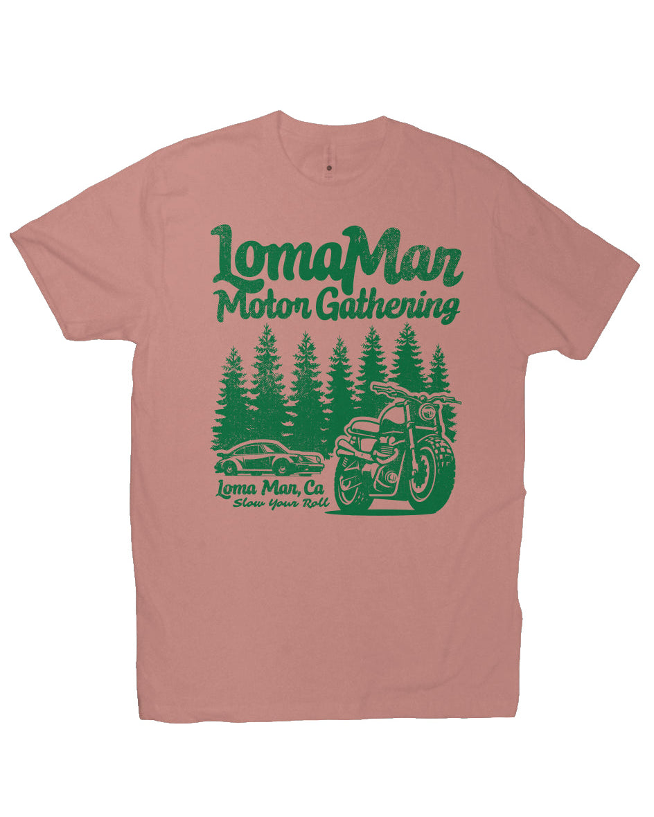 Premium short sleeve T-shirt with "Loma Mar Motor Gathering" design on chest
