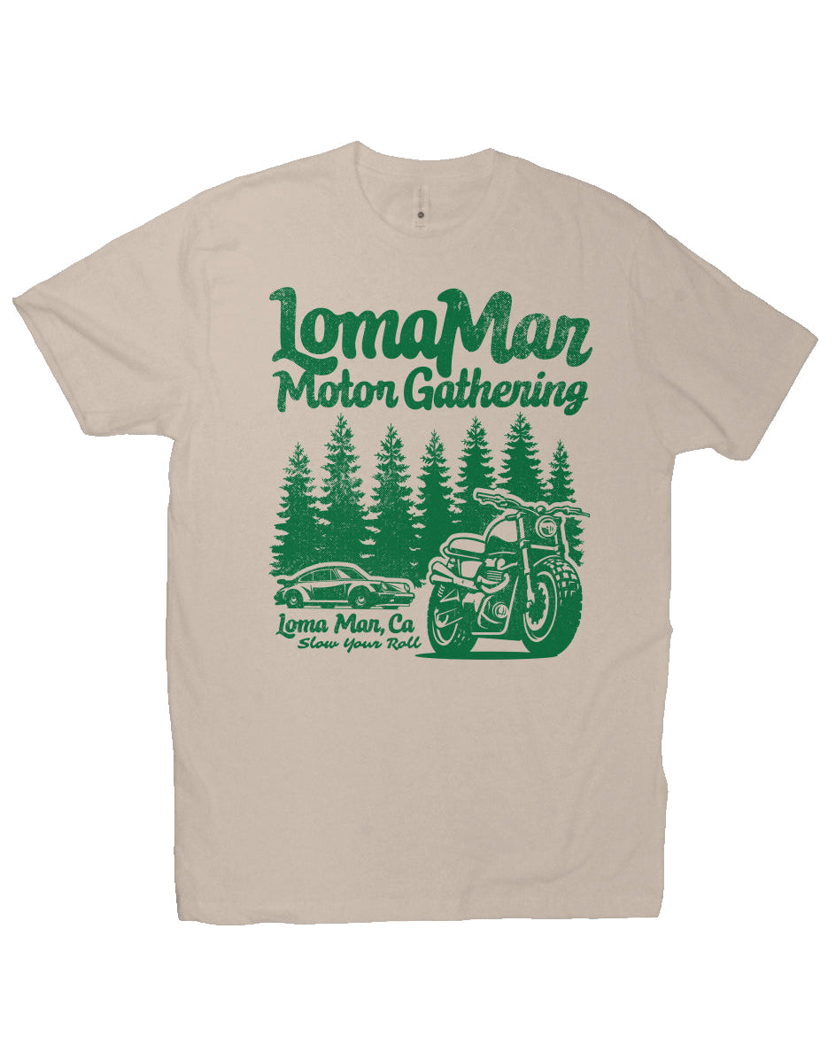 Premium short sleeve T-shirt with "Loma Mar Motor Gathering" design on chest