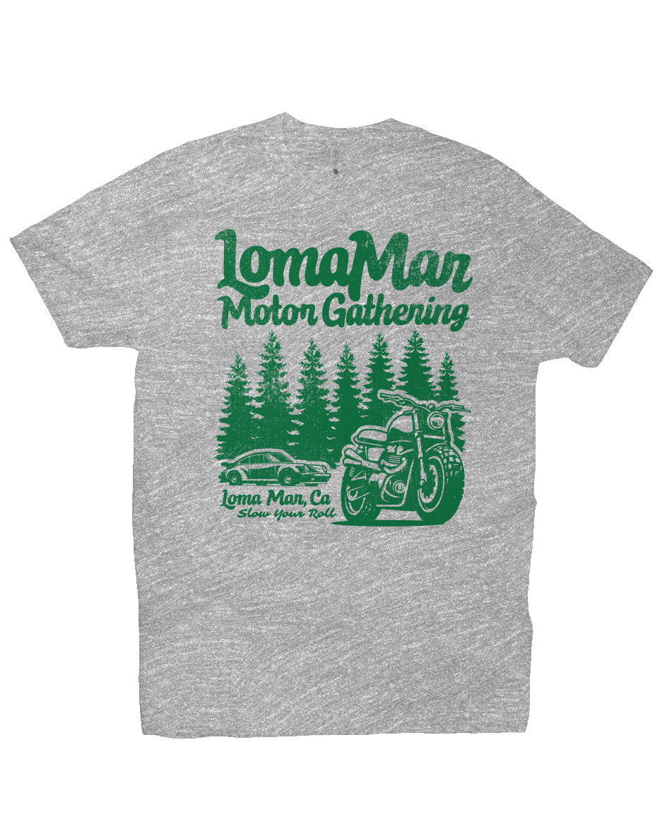 Premium short sleeve T-shirt with "Loma Mar Motor Gathering" design on chest