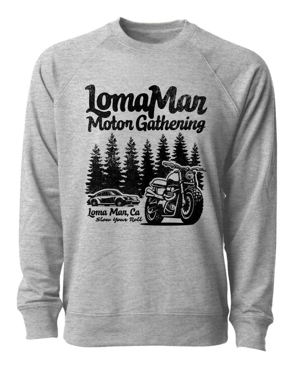 Loopback Terry Crewneck Sweatshirt with "Loma Mar Motor Gathering" design on chest