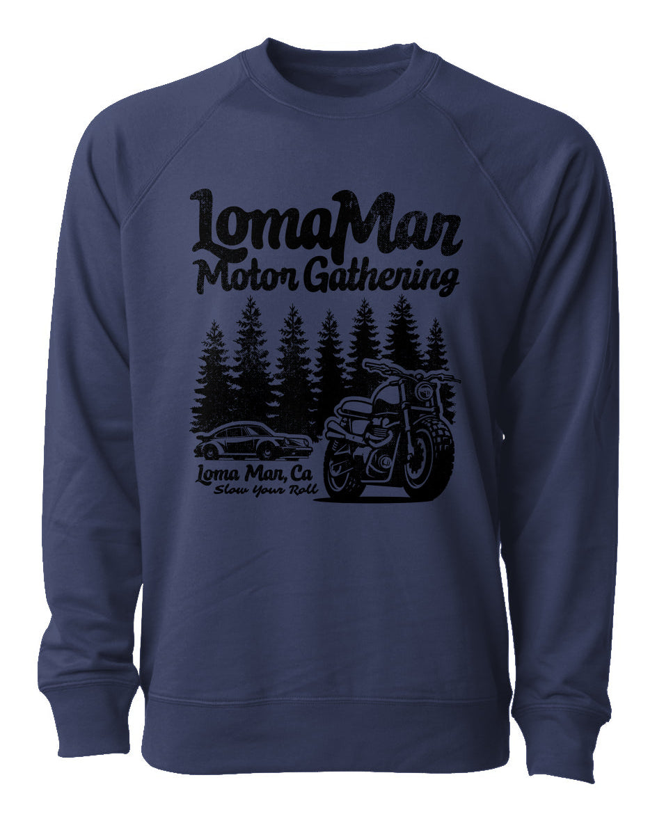 Loopback Terry Crewneck Sweatshirt with "Loma Mar Motor Gathering" design on chest