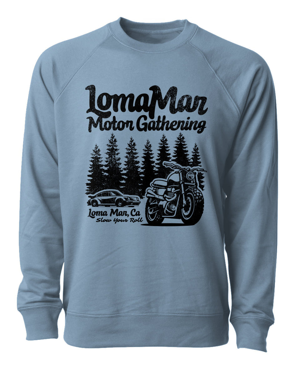Loopback Terry Crewneck Sweatshirt with "Loma Mar Motor Gathering" design on chest