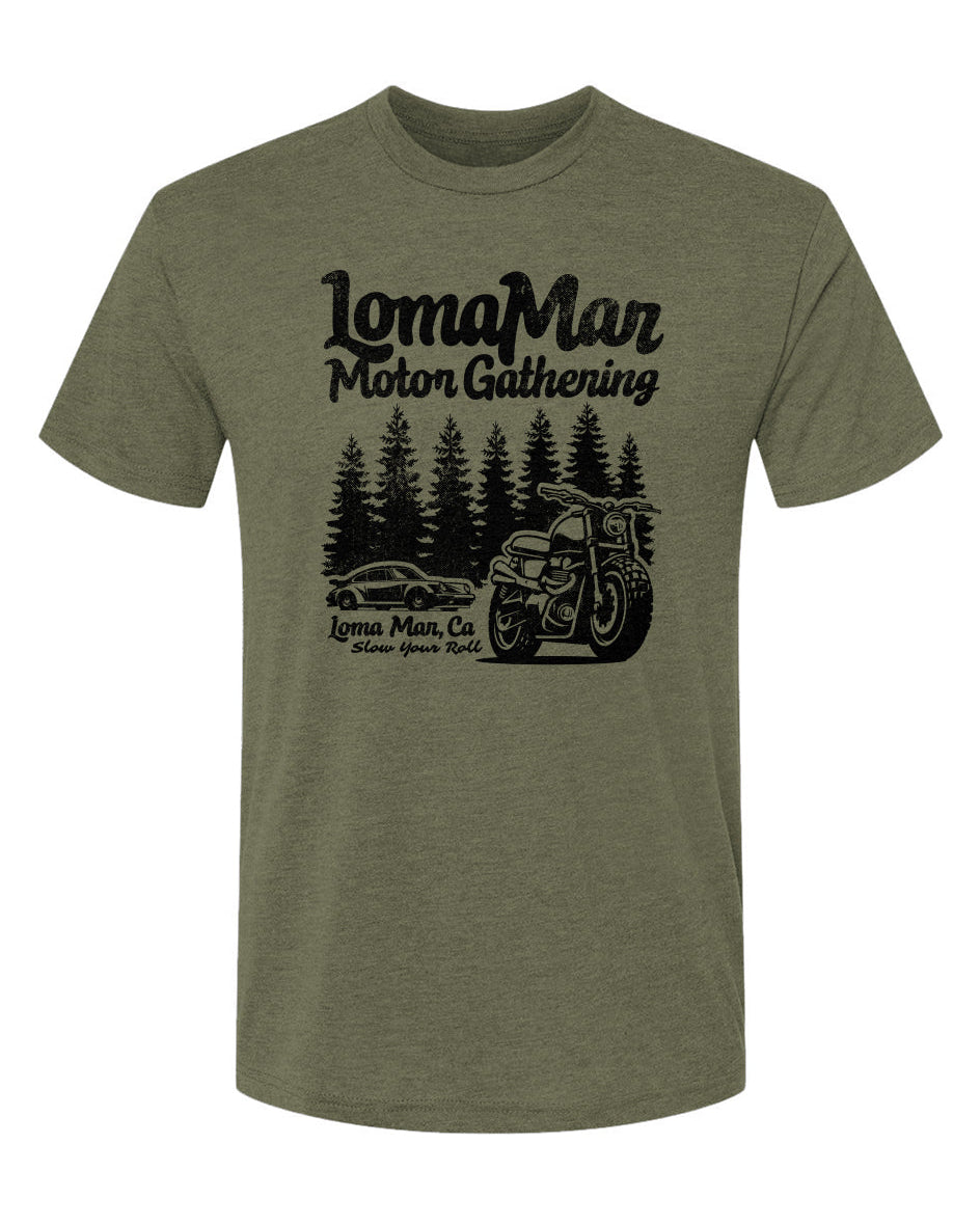 Unisex Triblend short sleeve t-shirt with "Loma Mar Motor Gathering" design on chest