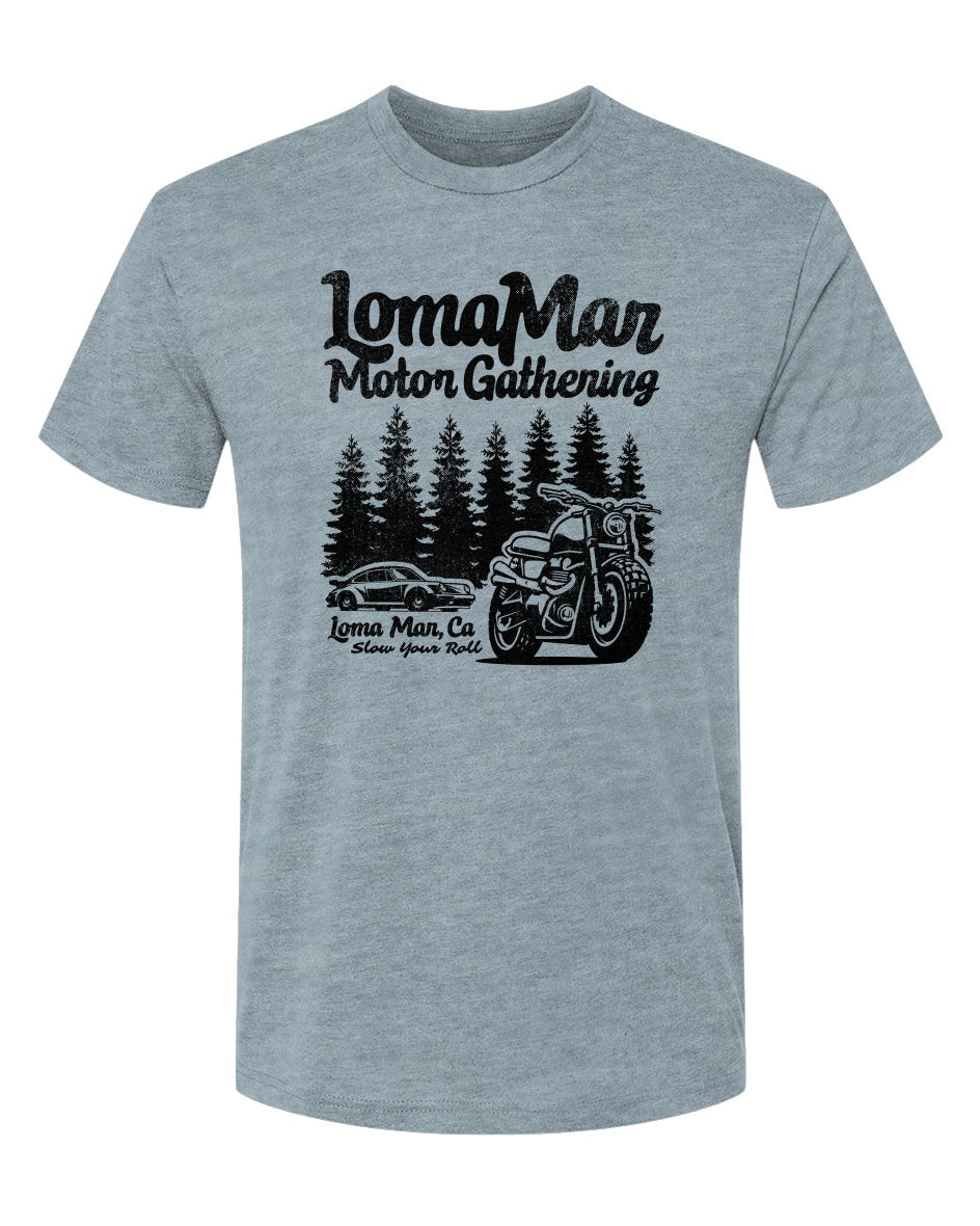 Unisex Triblend short sleeve t-shirt with "Loma Mar Motor Gathering" design on chest