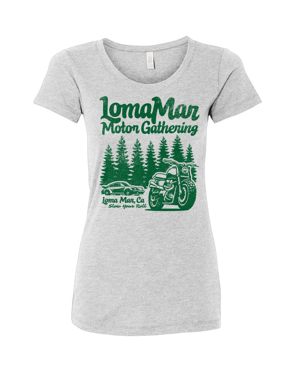 Women's triblend short sleeve t-shirt with "Loma Mar Motor Gathering" design on chest