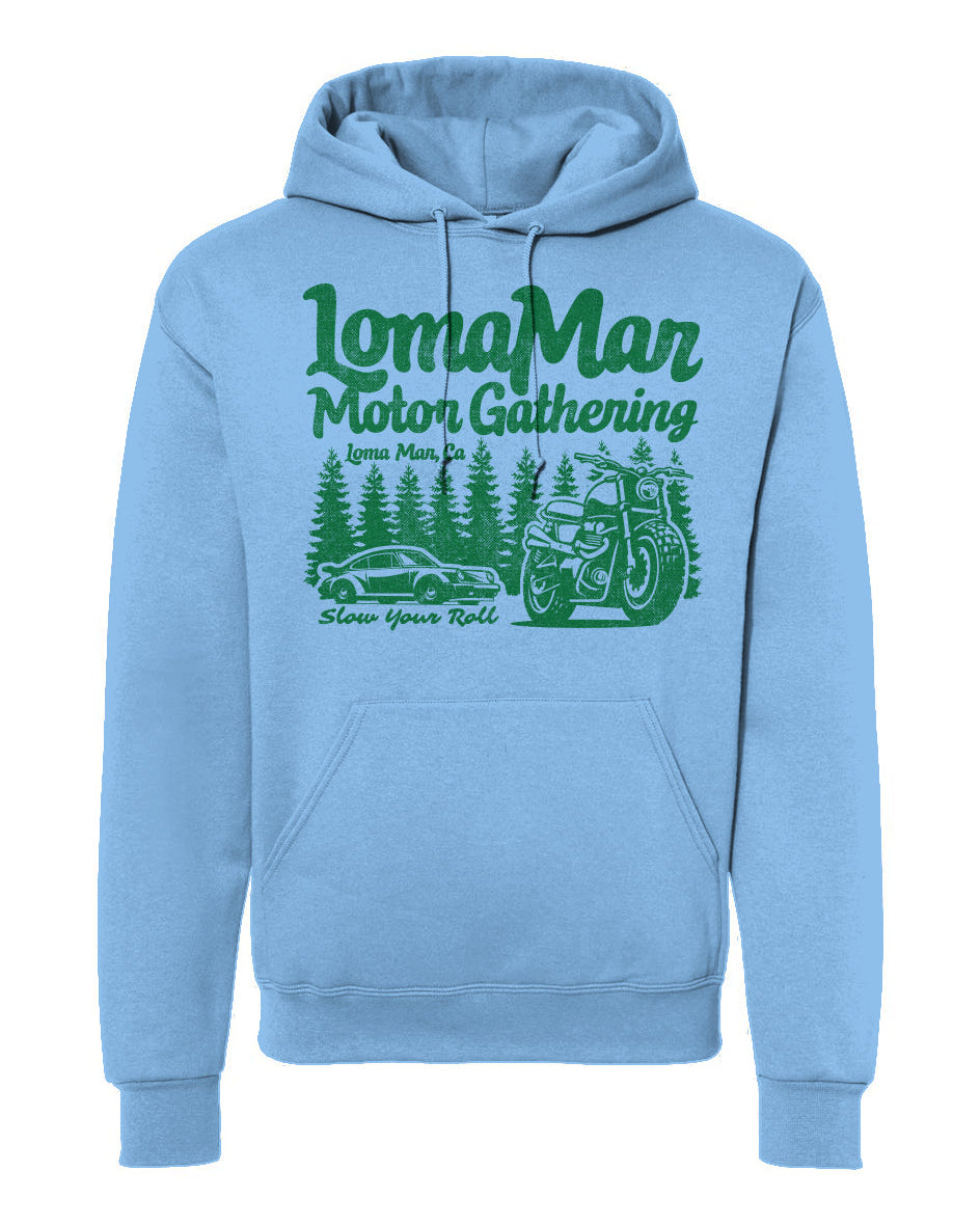 Hooded sweatshirt with "Loma Mar Motor Gathering" design on chest
