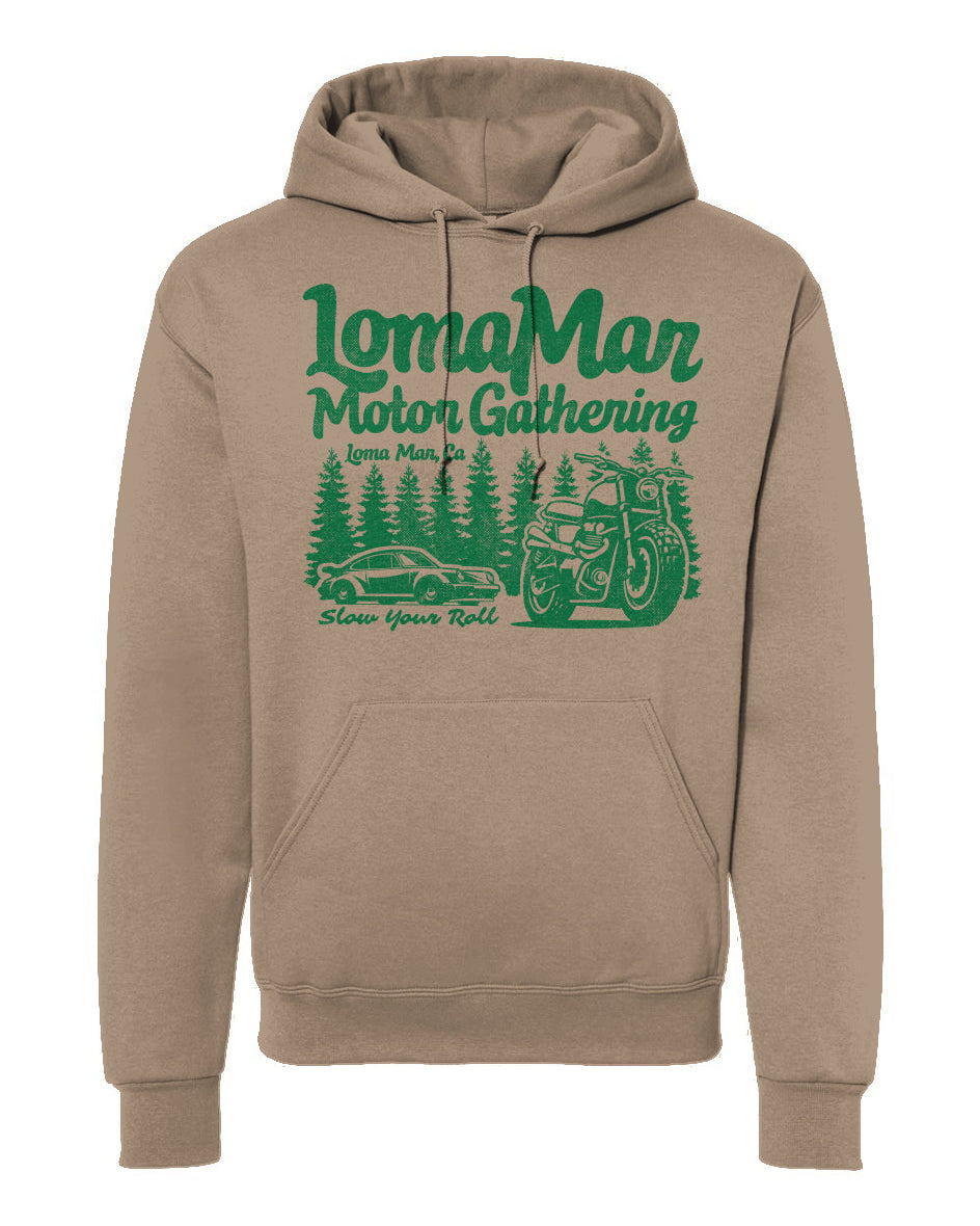 Hooded sweatshirt with "Loma Mar Motor Gathering" design on chest