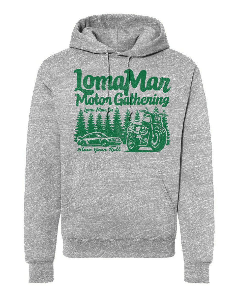 Hooded sweatshirt with "Loma Mar Motor Gathering" design on chest